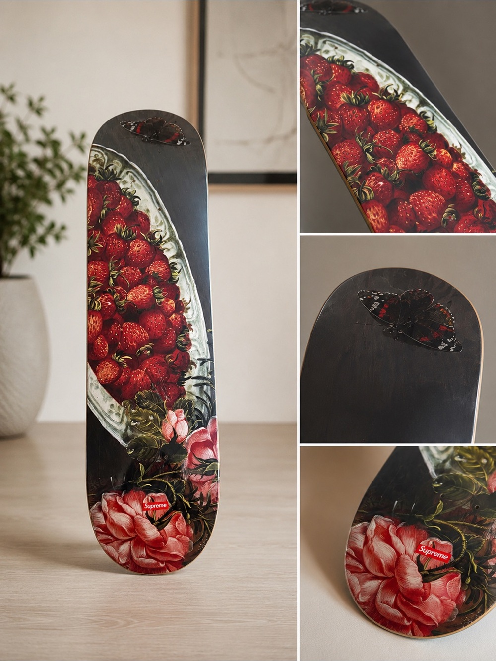 Supreme Black Skateboard Deck with Red Logo and Red Wheels